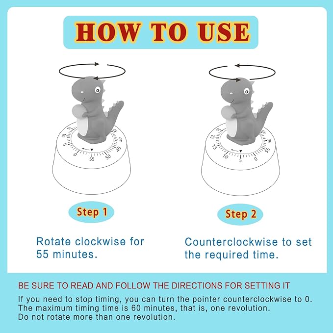 ELE DEPI 60 Minutes Mechanical Kitchen Timer,Cute Dinosaur Timer for Kids,Wind Up Egg Timer for Cooking,Reading,Classroom and Do Sports. (Sky Blue)