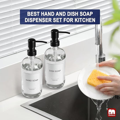 GMISUN Glass Soap Dispenser with Pump, 2 Pack Clear Bathroom Hand Soap Dispenser with Stainless Steel Pump, 16 Oz Refillable Kitchen Hand and Dish Soap Dispensers Set, Modern Liquid Pump Bottles - Image 6