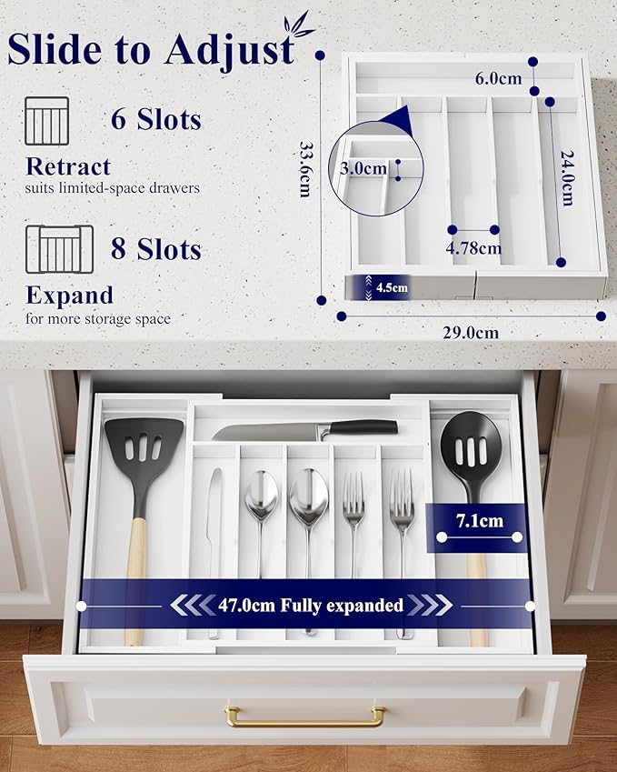 Kitsure Silverware Organizer - Expandable Bamboo Kitchen Drawer Organizer for Cooking Utensils and Cutlery, Sturdy & Thickened Kitchen Organizers and Storage Solution, Large, White - Image 2