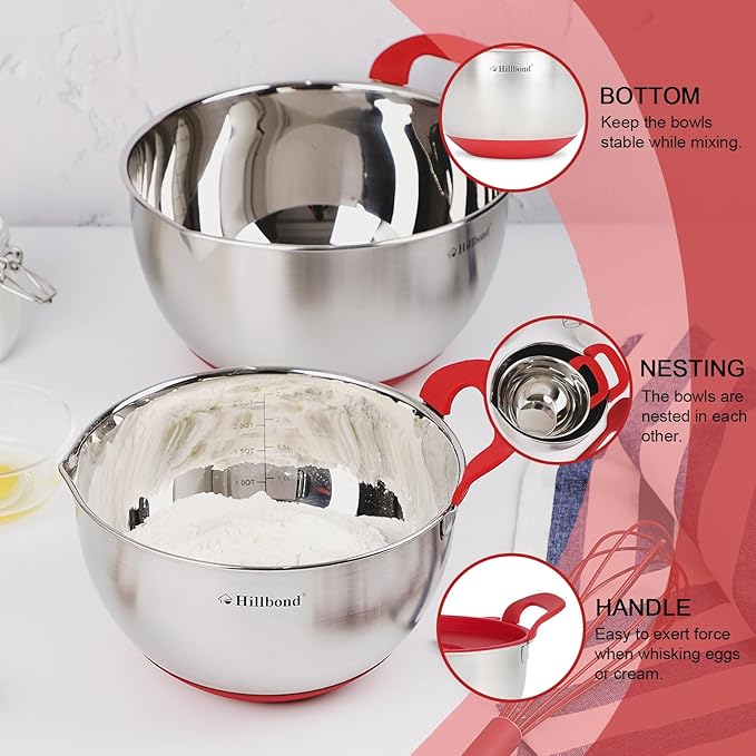 Hillbond Mixing Bowls with BPA Free Airtight Lids Nesting Bowls with Pour Spout, Silicone Handle and Non-Slip Bottoms for Baking, Stainless Steel Mixing Bowls Dishwasher Safe, 1.5, 3, 5 QT(Red)