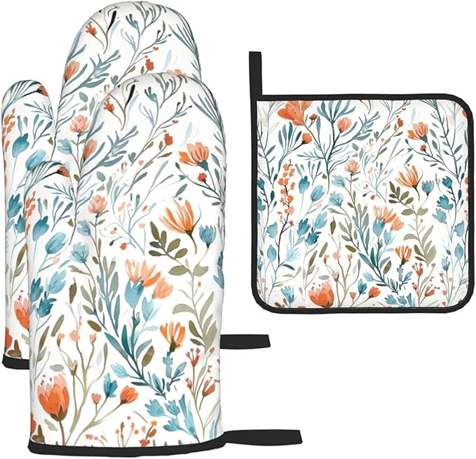 Teal Orange Watercolor Floral Oven Mitts and Pot Holders Sets of 3, Heat Resistant Non-Slip Washable, Chef Cooking Baking Gifts for Women Bakers, Burnt Orange Blue Green Flowers Charming Kitchen Decor by Unknown
