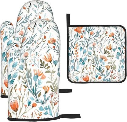 Teal Orange Watercolor Floral Oven Mitts and Pot Holders Sets of 3, Heat Resistant Non-Slip Washable, Chef Cooking Baking Gifts for Women Bakers, Burnt Orange Blue Green Flowers Charming Kitchen Decor by Unknown