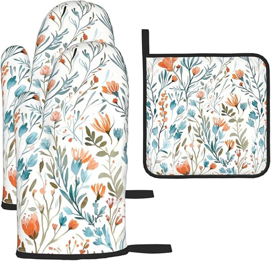 Teal Orange Watercolor Floral Oven Mitts and Pot Holders Sets of 3, Heat Resistant Non-Slip Washable, Chef Cooking Baking Gifts for Women Bakers, Burnt Orange Blue Green Flowers Charming Kitchen Decor by Unknown