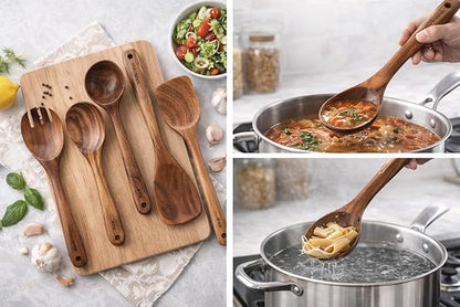 Teak Wood Kitchen Utensils Set – 6 Piece, Sustainable Teak Cooking Utensils, Non-Stick Safe, Heat Resistant Wooden Spoons & Spatulas