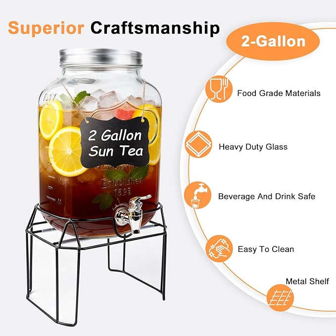 2 Gallon Glass Drink Dispensers For Parties,Beverage Dispenser with Stand,Fruit Infuser,Mason Jar Water Dispenser for Juice/Tea,Lemonade Dispenser for Parties,BPA Free Clear Water Pitcher with Spigot - Image 3