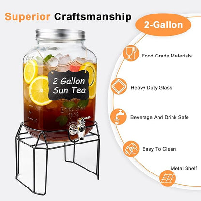 2 Gallon Glass Drink Dispensers For Parties,Beverage Dispenser with Stand,Fruit Infuser,Mason Jar Water Dispenser for Juice/Tea,Lemonade Dispenser for Parties,BPA Free Clear Water Pitcher with Spigot - Image 3