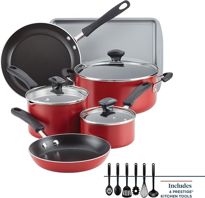 Farberware Cookstart DiamondMax Nonstick Cookware/Pots and Pans Set, Dishwasher Safe, Includes Baking Pan and Cooking Tools, 15 Piece - Red - Image 3