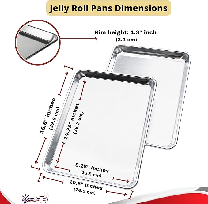 KITCHENATICS Jelly Roll Size Baking Sheet Pans, Commercial Quality Aluminum Cookie Sheets for Roasting & Baking, Rimmed Nonstick Sheet Pans - Warp Free, Durable & Easy Clean - 10.6 x 15.6 IN, Set of 2