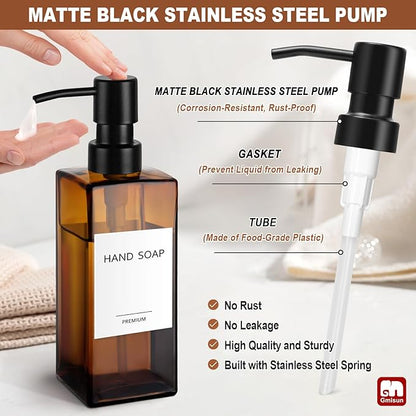 GMISUN Amber Glass Soap Dispenser, 2 Pack Hand Soap Dispenser Bathroom, 12 fl oz/350ml Dish Dispenser Set for Kitchen, Glass Liquid Dispenser with Stainless Steel Pump, Brown Soap Dispensers Bottle - Image 3