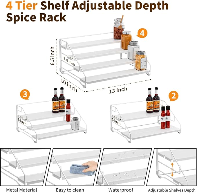 BOIVSHI Tiered Spice Rack, 4 Tier Spice Shelf Organizer for Cabinet, Spice Rack Organizer, Depth Adjustable Seasoning Rack Organizer for Cabinet, Countertop, Pantry, Metal, White (1 Pack) - Image 4