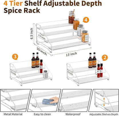 BOIVSHI Tiered Spice Rack, 4 Tier Spice Shelf Organizer for Cabinet, Spice Rack Organizer, Depth Adjustable Seasoning Rack Organizer for Cabinet, Countertop, Pantry, Metal, White (1 Pack) - Image 4
