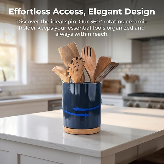 QUELIEN Utensil Holder, 360° Rotating Ceramic Kitchen Utensil Holder for Countertop, 7.7" Utensil Crock for Kitchen Counter with Rotatable Wooden Base,Ideal Housewarming Gift & Mothers Day Gift
