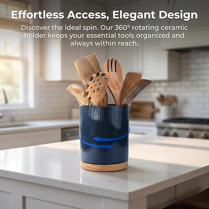 QUELIEN Utensil Holder, 360° Rotating Ceramic Kitchen Utensil Holder for Countertop, 7.7" Utensil Crock for Kitchen Counter with Rotatable Wooden Base,Ideal Housewarming Gift & Mothers Day Gift