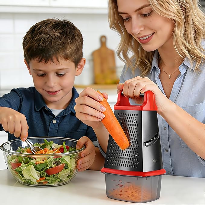 Ourokhome Cheese Grater with Handle, Stainless Steel Box Grater, 4 Side Kitchen Vegetable Shredder Slicer Zester with Container for Parmesan, Cabbage, Ginger, Lemon, Chocolate, Coconut (Red and Black) - Image 2