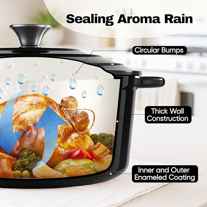 6.5 Quart Dutch Oven Pot with Lid, Non Stick Enameled Cast Iron Dutch Oven for Bread Baking, Heavy-Duty, Oven Safe Ceramic Cookware Up to 500°F for Baking, Braising, Stews, Roasting, Black - Image 6