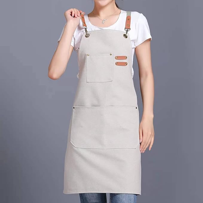 Tosewever Canvas Cross Back Chef Cotton Aprons for Men Women with Large Pockets - Image 3