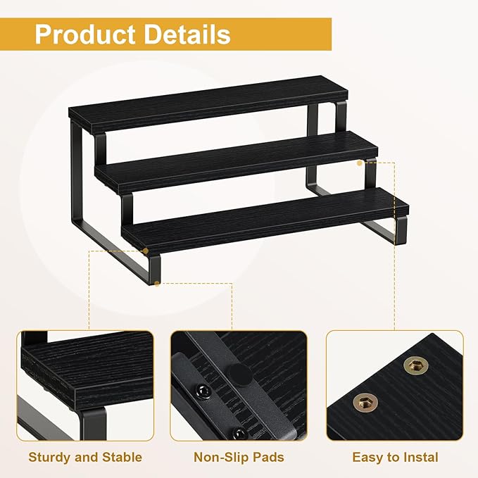 Giikin 3 Tier Spice Rack, Cabinet Organizer Shelf, Wooden Spice Rack for Countertop, Kitchen Counter Storage Shelves Cupcake Stand Holder Display Stand, Black - Image 7