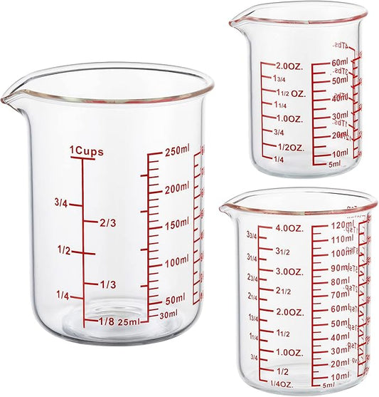 Ackers High Borosilicate Glass Measuring Cup Set with Pour Spout,60ml(2OZ),120ml(4OZ), 250ml(8OZ) Glass Measuring Beaker for Kitchen or Restaurant, Easy to Read by AckersBORO33