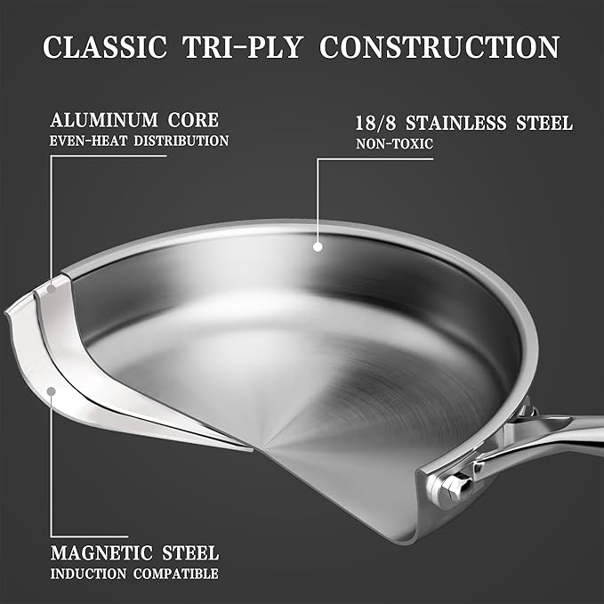 Stainless Steel Cookware Set - VONIKI Tri-ply Stainless Pots And Pans Set with Steamer Basket, Non Toxic Induction Cookware, Kitchen Cookware Sets PFOA & PTFE Free, Dishwasher and Oven Safe - Image 6