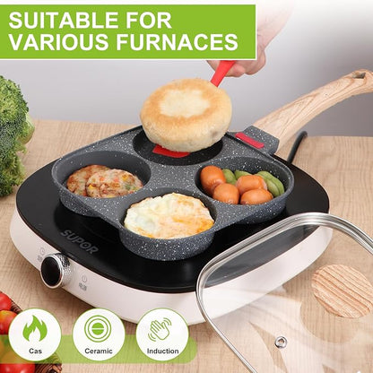 4-Cup Egg Pan, Premium Egg Pans Nonstick, Omelette Pan with Lid , Healthy Egg Frying Pan for Breakfast, Egg Sandwich, Hamburger, Pancake, Egg Skillet Suitable for Gas Stove & Induction Cookware - Image 3