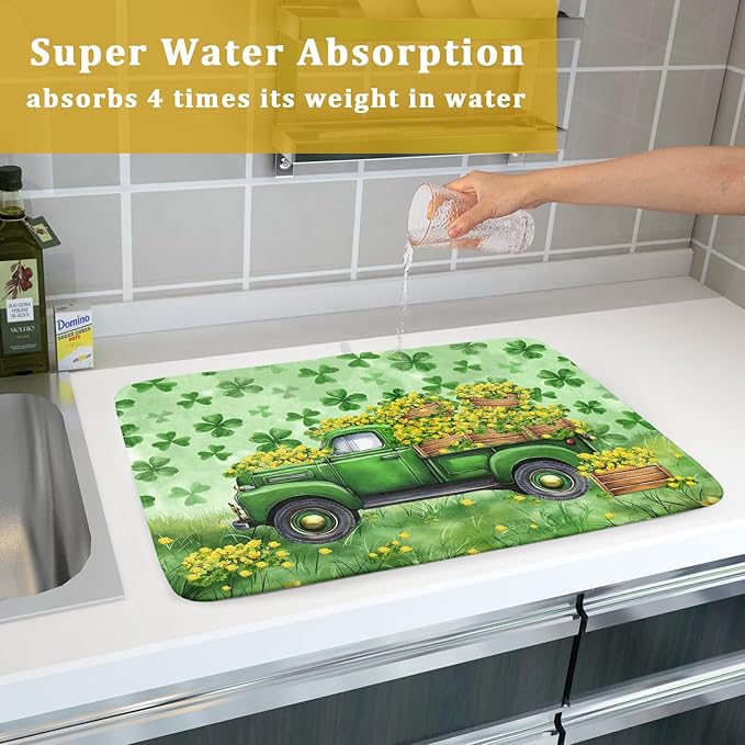 Green Holiday Dish Drying Mat Lucky Clover Truck Drying Mat for Kitchen Counter 18 X 24 - Image 7