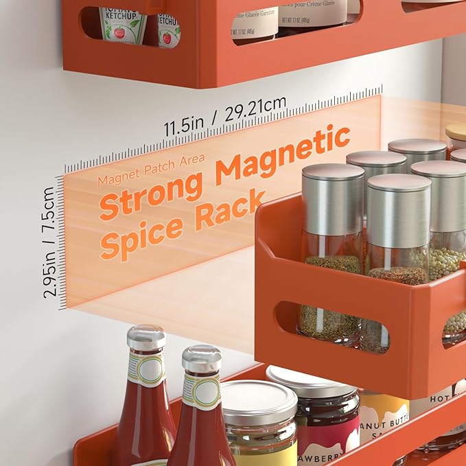 Sevenblue 4 Pack Strong Magnetic Spice Rack for Refrigerator, Multipurpose Magnetic Shelf for Fridge with 4 Hooks for kitchen and Bathroom Organization, Orange - Image 2