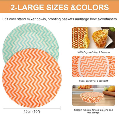 Reusable Bowl Covers for Bread Proofing（2 Large）- Cotton Beeswax Bowl Covers Reusable with Elastic Rim, Sourdough Bowl Cover for Food Storage and Food Preservation (10INCH)(wavy)