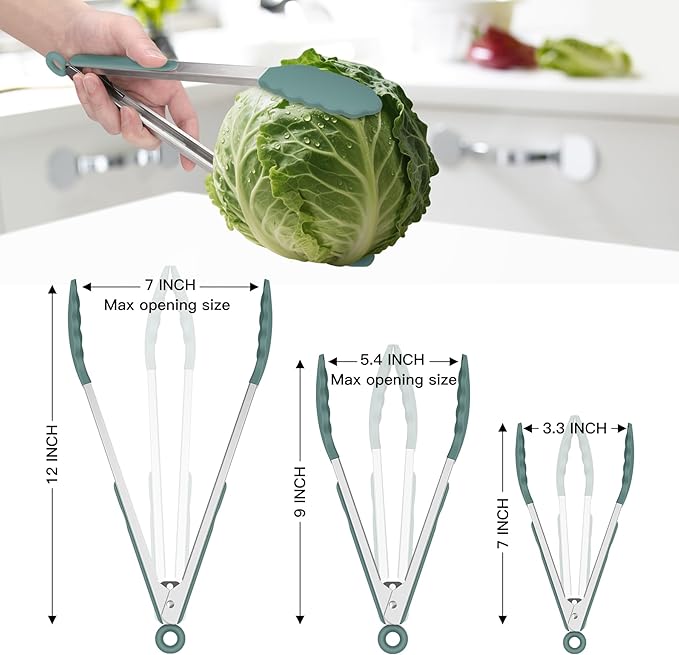 HOTEC Premium Stainless Steel Locking Kitchen Tongs with Silicon Tips, Set of 3-7", 9" and 12" (Sage Green) - Image 8