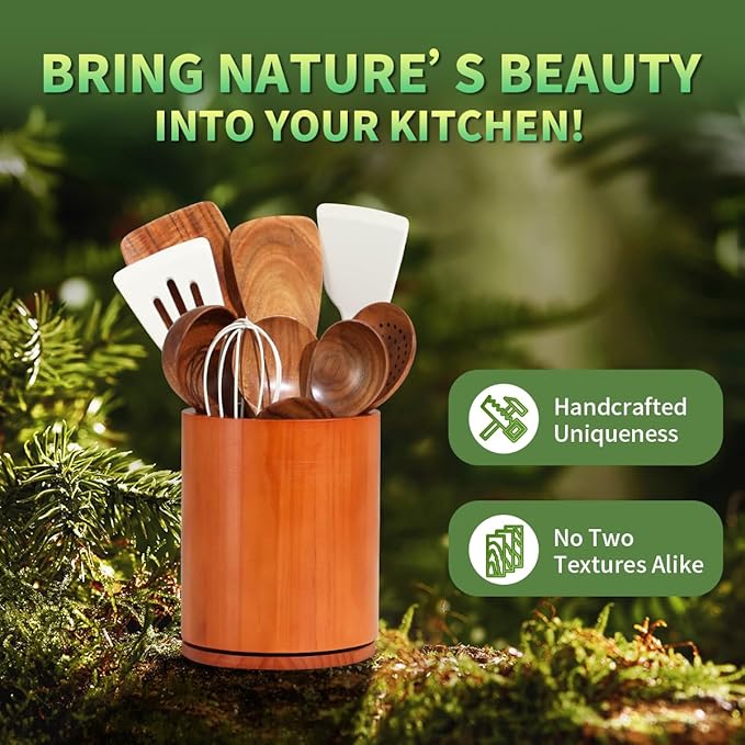 Wooden Utensil Holder, 360°Rotating 7.3'' Large Utensil Holder for Kitchen Counter, Kitchen Utensil Organizer, Utensil Crock, Farmhouse Kitchens Countertop Decor, Cherry-finish - Image 7