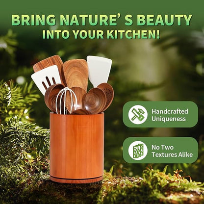 Wooden Utensil Holder, 360°Rotating 7.3'' Large Utensil Holder for Kitchen Counter, Kitchen Utensil Organizer, Utensil Crock, Farmhouse Kitchens Countertop Decor, Cherry-finish - Image 7