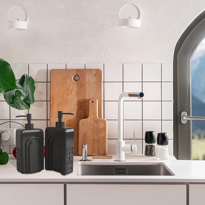 Soap Dispenser Set with Stainless Steel Pump, 2 Pack Ceramic Refillable Dish Soap and Hand Soap Dispenser for Kitchen, Bathroom, Matte Black - Image 3