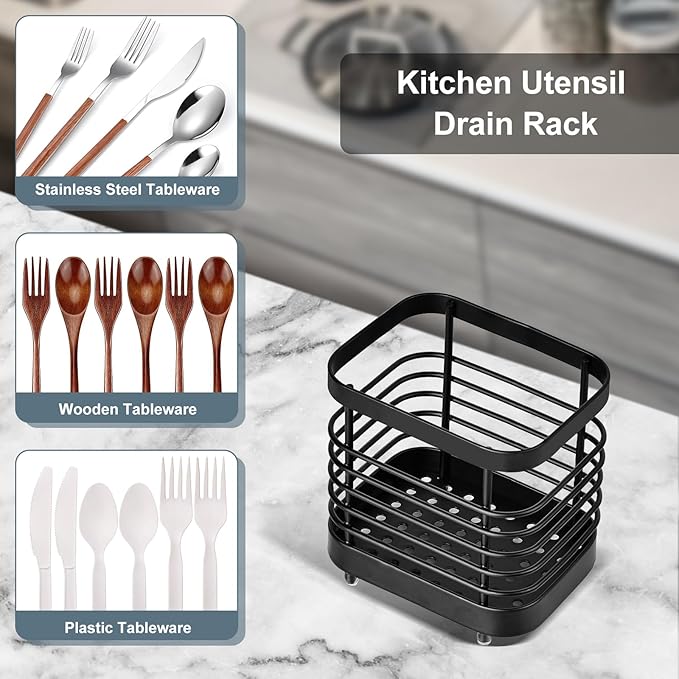Utensil Holder, Stainless Steel Utensil Drying Rack for Kitchen Counter, Silverware Cutlery Flatware Holder Forks, Knives, Spoons, Chopsticks Organizer (Black) - Image 7
