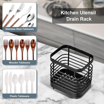 Utensil Holder, Stainless Steel Utensil Drying Rack for Kitchen Counter, Silverware Cutlery Flatware Holder Forks, Knives, Spoons, Chopsticks Organizer (Black) - Image 7