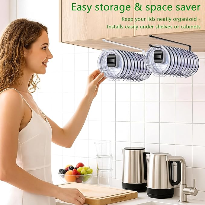 Cup Lid Organizer, Tumbler Lid Holder for 12 Lids Under Cabinet, Space Saving Hook for Kitchen Storage, No Drilling, Carbon Steel, White
