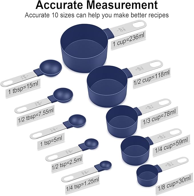 Measuring Cups and Spoons Set, 10 Pieces Nesting Measure Cups and Spoons, Kitchen Essentials Gadgets with Stainless Steel Handle for Dry & Liquid Ingredient, Blue - Image 2