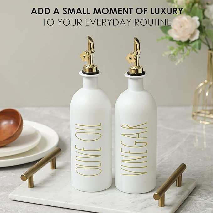 HOMCDALY 16oz Olive Oil Dispenser Bottles for Kitchen, Gold Oil&Vinegar Dispenser Set, Glass Oil Dispenser for Kitchen with Bamboo Tray | Set of 2 (16oz-P-Gold) - Image 5