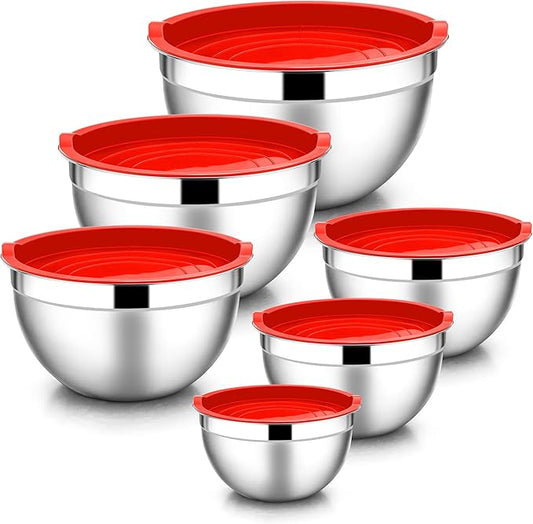 E-far Mixing Bowls with Lids, 12-Piece Stainless Steel Salad Bowls Metal Nesting Bowls for Baking Cooking and Prepping, Airtight Lids & Stackable Design, Size 7, 4.5, 3, 1.5, 1.2, 0.7 QT (Red) by E-far