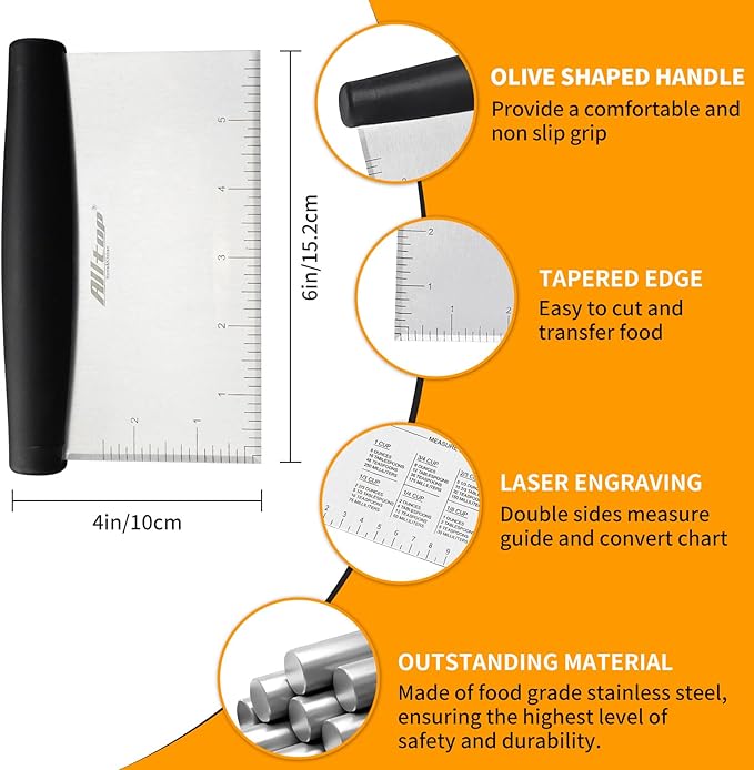 ALLTOP Bench Scraper & Chopper for Kitchen - Ideal Baking Essential Utensil,Stainless Steel Pastry/Dough/Food Cutter Tool for Cake Pizza Bread,Cooking - 1 Pack,Black - Image 2