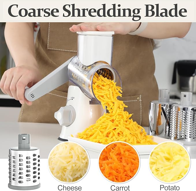 Cambom 5 in 1 Rotary Cheese Grater Hand Crank Cheese Shredder for Fresh Cheese, Vegetable, Nuts,Non-slip Suction Base, Five Blades, White - Image 4