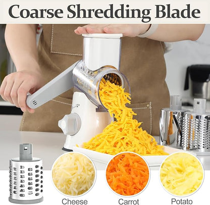 Cambom 5 in 1 Rotary Cheese Grater Hand Crank Cheese Shredder for Fresh Cheese, Vegetable, Nuts,Non-slip Suction Base, Five Blades, White - Image 4