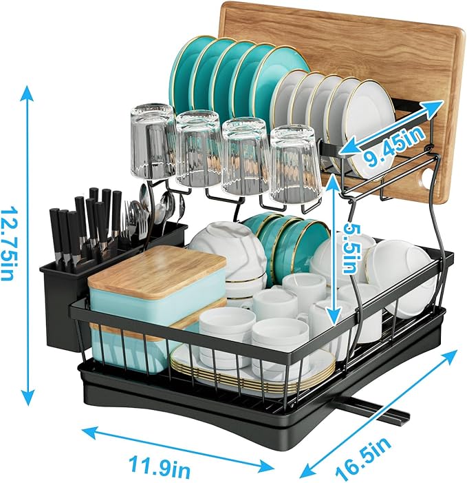 7 code Large Dish Drying Rack for Kitchen Counter, Detachable Large Capacity Dish Drainer Organizer, 2-Tier Dish Racks with Utensil Holder, Black - Image 3
