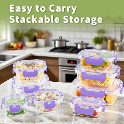 HOMBERKING 8 Pack Glass Food Storage Containers with Lids, Meal Prep Containers, Airtight Bento Boxes with Leak Proof Locking for Microwave, Oven, Freezer and Dishwasher, BPA Free, 5-35oz, purple - Image 3