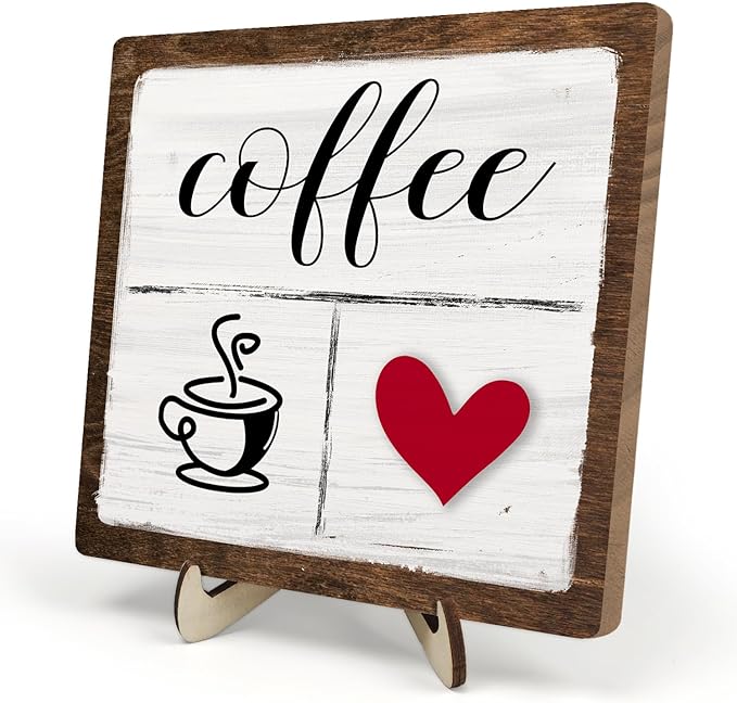 Vintage Coffee Bar Decor Sign,Rustic Wooden Plaque for Java Station, Kitchen,Cafe or Tea Corner, Funny Jave Gift for Coffee Lovers,Cute Heart Design Cafe Decor 5.9x5.9inch by DMADNF