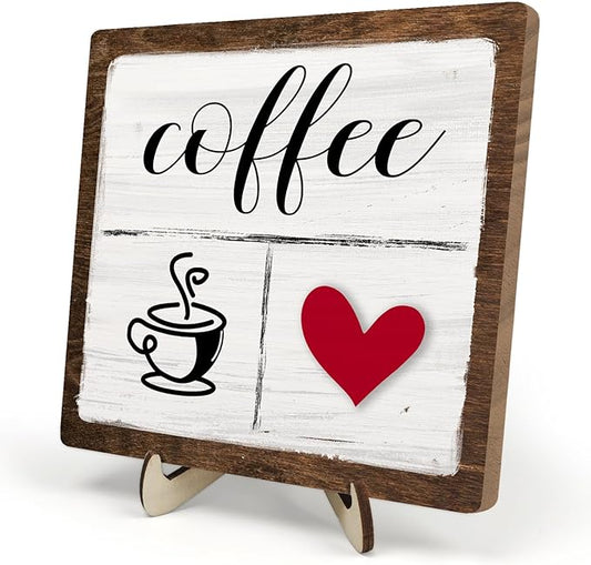 Vintage Coffee Bar Decor Sign,Rustic Wooden Plaque for Java Station, Kitchen,Cafe or Tea Corner, Funny Jave Gift for Coffee Lovers,Cute Heart Design Cafe Decor 5.9x5.9inch by DMADNF