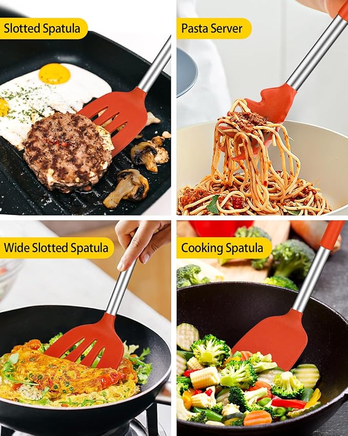 Silicone Cooking Utensil Set, 8Pcs Non-stick Cookware with Stainless Steel Handle, BPA Free Heat Resistant Kitchen Tools with Spatulas, Turners, Spoons, Skimmer and Pasta Fork (RED) - Image 3