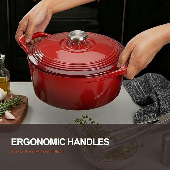 Overmont Enameled Cast Iron Dutch Oven - 5.5QT Pot with Wide Handles Lid Cookbook & Cotton Potholders - Heavy-Duty Pre-Seasoned Cookware Oven Safe to 500°F for Braising, Stews, Roasting, Sourdough Baking - Image 3