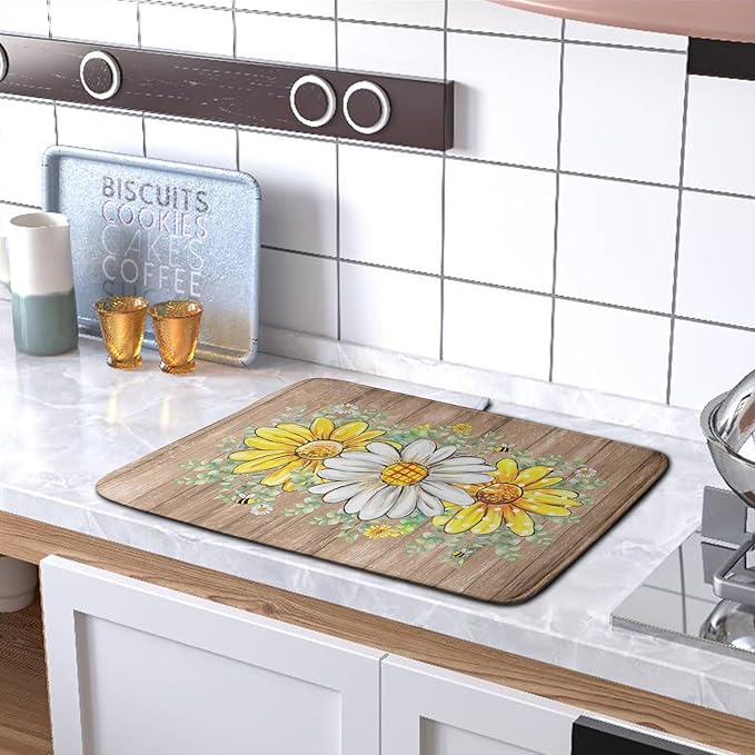 Rustic Daisy Floral Dish Drying Mat for Kitchen Counter Spring Summer Sunflower Dish Drying Mat Bee Absorbent Microfiber Dish Mat Reversible Dish Drainer Rack Mat 16x18 Inch - Image 5