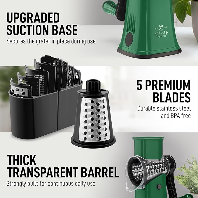 Zulay Kitchen Rotary Cheese Grater 5 Blade Cheese Shredder - Manual Hand Crank Cheese Grater With Reinforced Suction & 5 Interchangeable Drums - Easy to Use, Vegetable Chopper Round Mandoline Slicer - Image 7