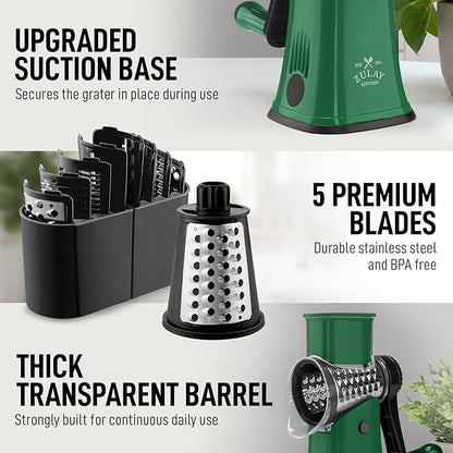 Zulay Kitchen Rotary Cheese Grater 5 Blade Cheese Shredder - Manual Hand Crank Cheese Grater With Reinforced Suction & 5 Interchangeable Drums - Easy to Use, Vegetable Chopper Round Mandoline Slicer - Image 7