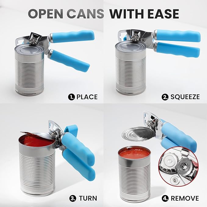 Zulay Kitchen Heavy Duty Stainless Steel Can Opener Manual with Bottle Opener - Rust Proof Manual Can Opener With Turn Knob & Comfy Soft Grip Handles - Aqua - Image 6